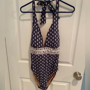 Size 12 J Crew halter blue and purple paisley one piece swimsuit